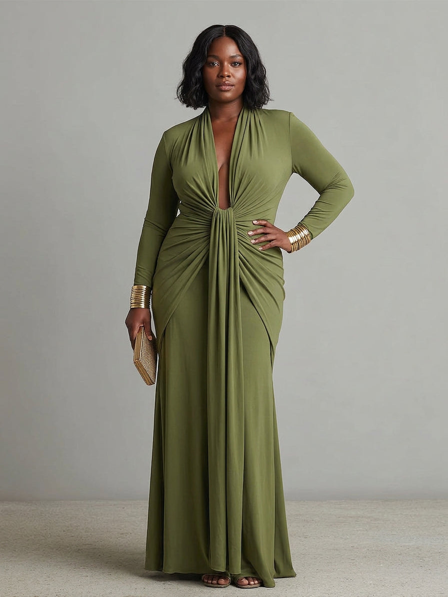 Petra Groene Lange Jurk in Stretchzijde met Diepe V-Hals en Rimpeldetails, Glamour Maxi Jurk