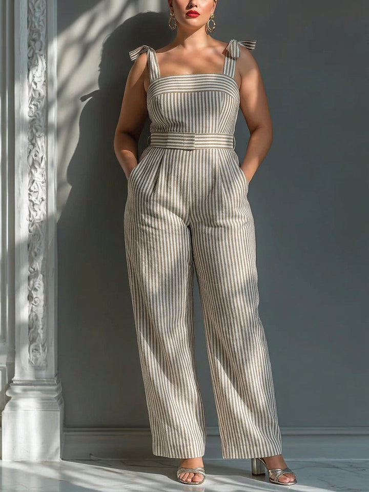 Gwendolyn - Beige Gestreepte Linnenmix Jumpsuit met Schouderbandjes
