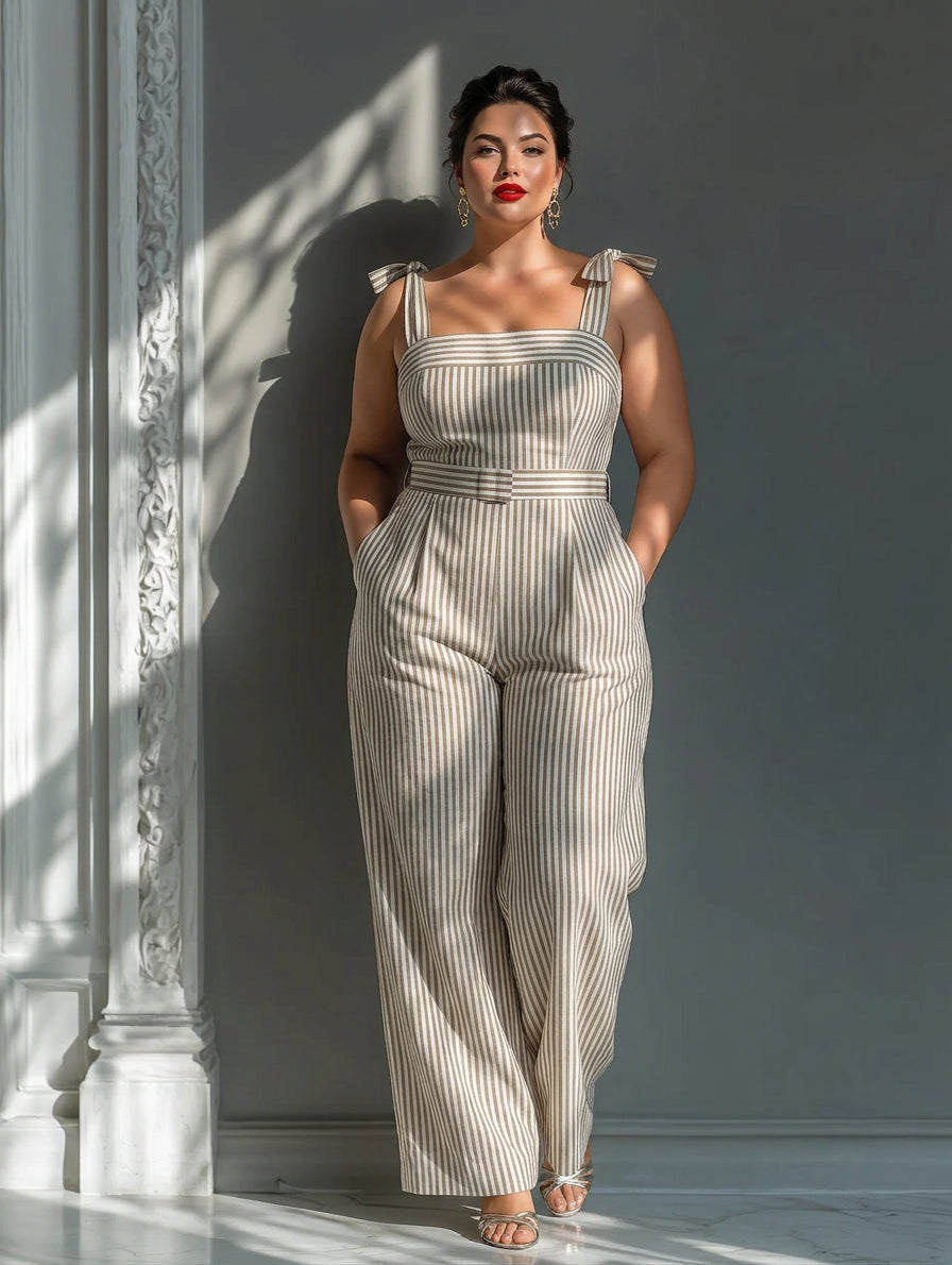 Gwendolyn - Beige Gestreepte Linnenmix Jumpsuit met Schouderbandjes