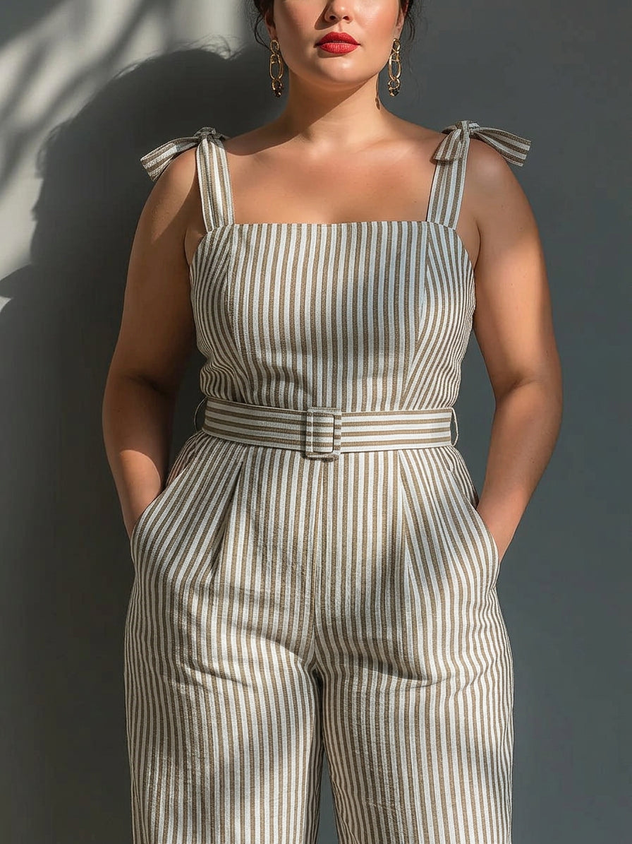 Gwendolyn - Beige Gestreepte Linnenmix Jumpsuit met Schouderbandjes