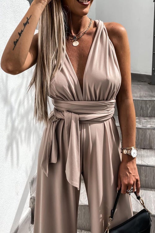 Edith - Effen Kleur Slim V-Hals Lace-Up Mouwloze Jumpsuit