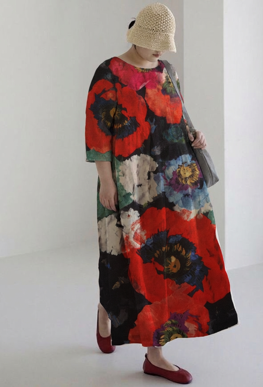 Beatrix | Casual Grote Rok Plantenprint Lange Mouw Midi Jurk Feestjurk