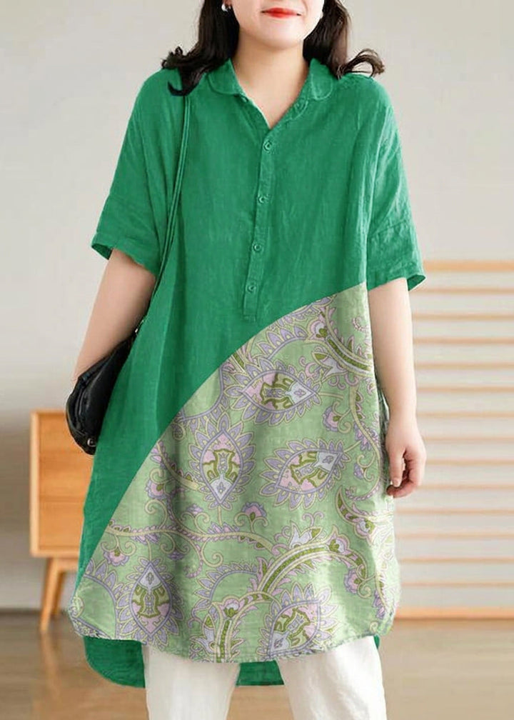 Sabine - Jade Groene Linnen Vrouwen Casual Linnen Shirt Jurk