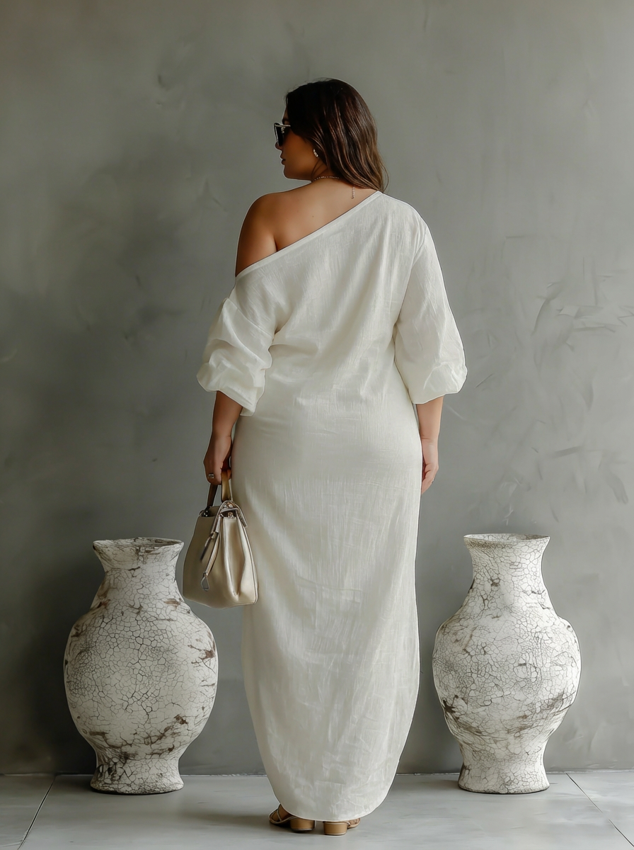 Elegante Vloeiende Jurk in Ivoorwit met Off-Shoulder