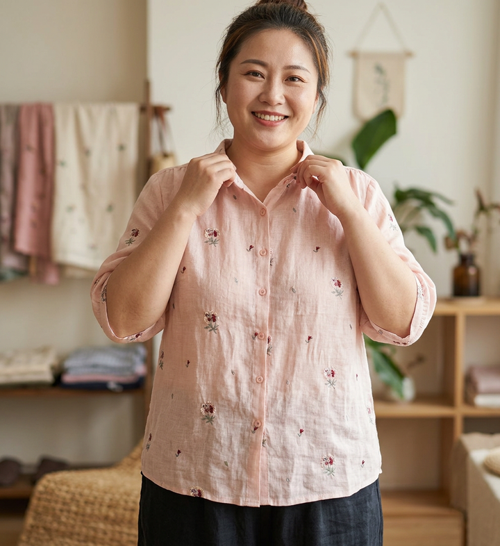 Rin - Katoenen Bloem Geborduurd Comfortabel Shirt