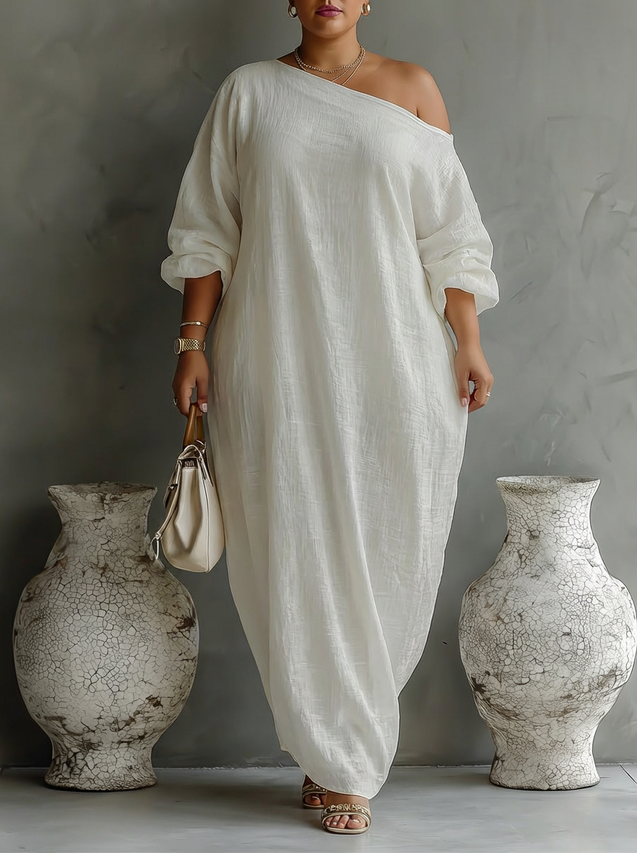 Elegante Vloeiende Jurk in Ivoorwit met Off-Shoulder