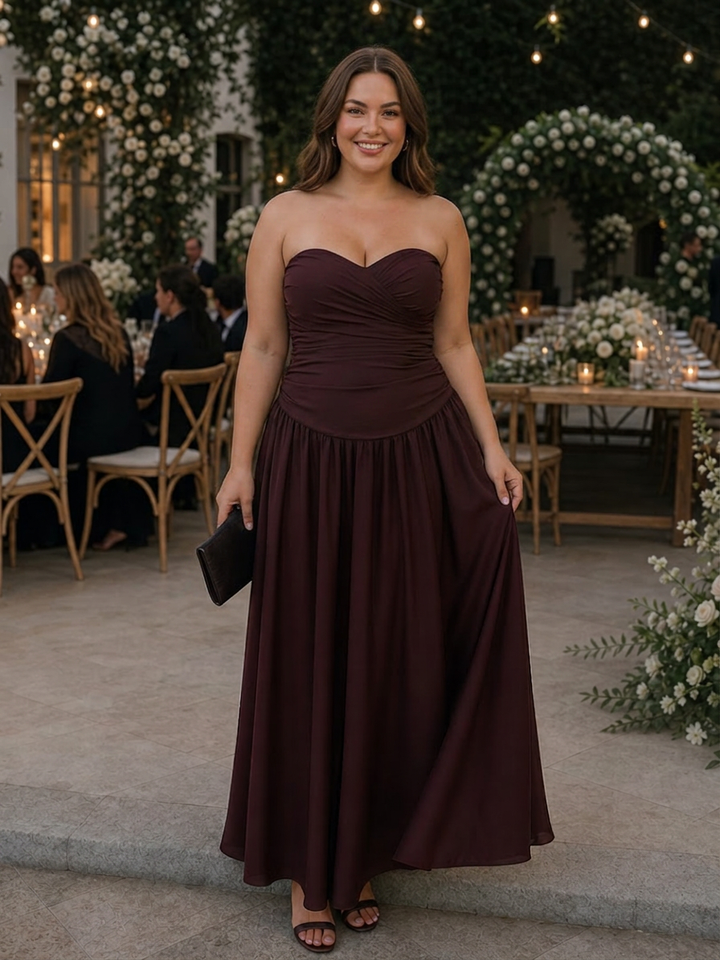 Clemence | Strapless Gerimpelde Midi-jurk