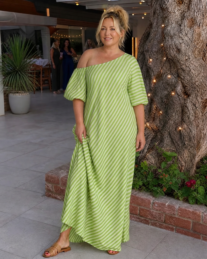 Seraphina | Gestreepte Off Shoulder Puff Sleeve Midi Jurk