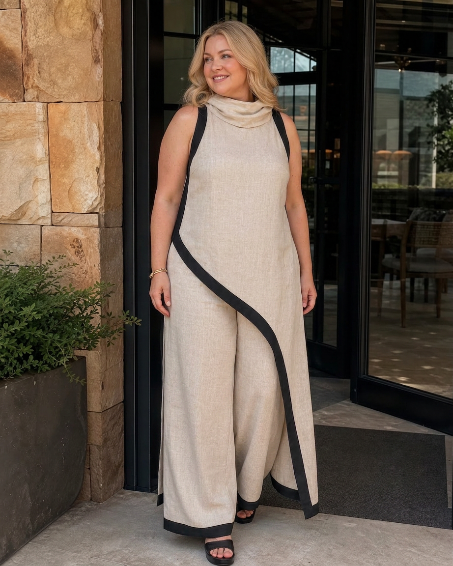 Genevieve | Mouwloze Gelaagde Top met Contrastafwerking en Brede Pantalon Set