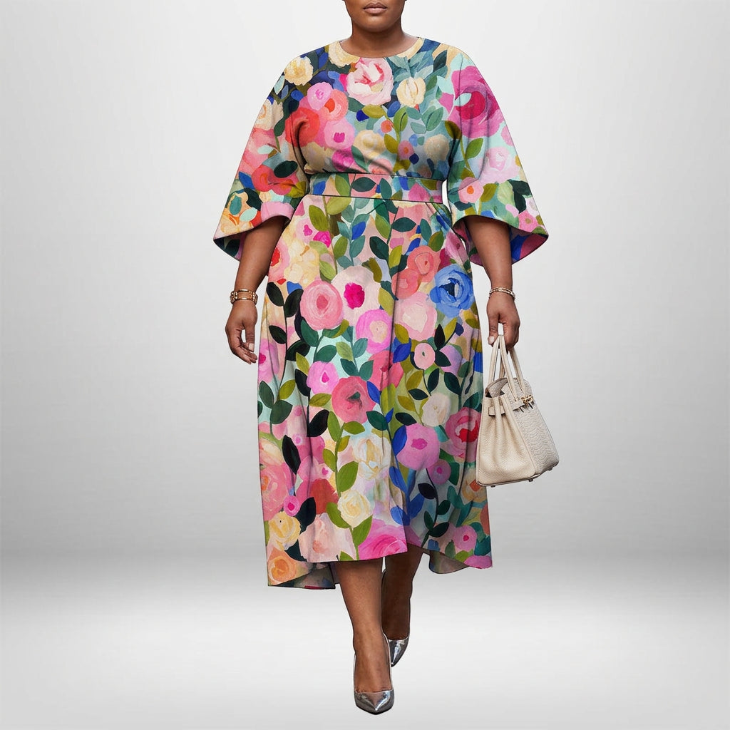 BONNIE | Bloemenprint Midi met Gesculptueerde Taille en Vloeiende Elegantie