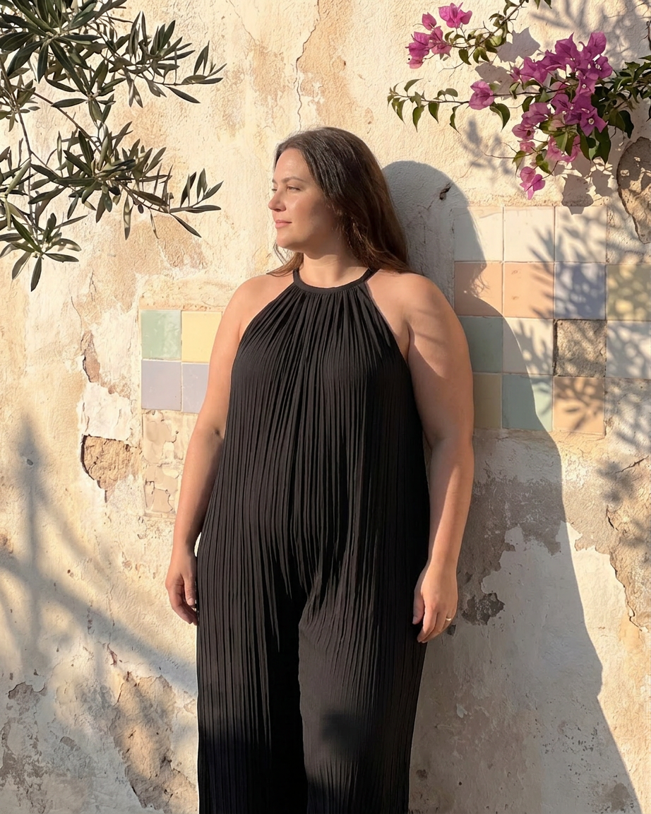 Wanda | Geplooide Halter Nek Wijde Pijpen Ontspannen Jumpsuit