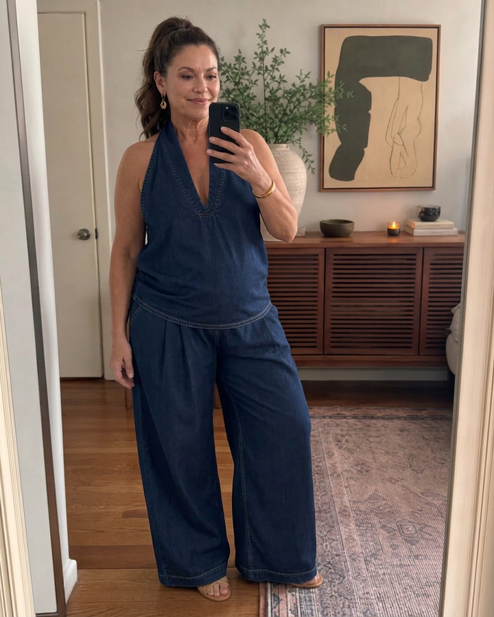 Opaline | Halter Neck Denim Top en Brede Pantalon Set