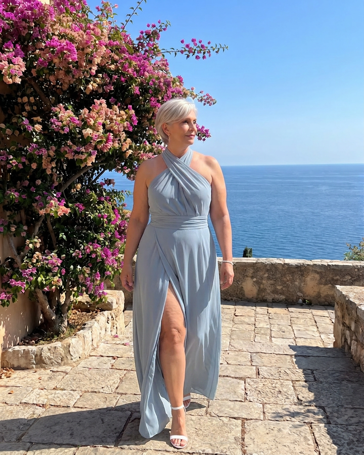 Nia | Cross Halter Draped Side Slit Midi Jurk