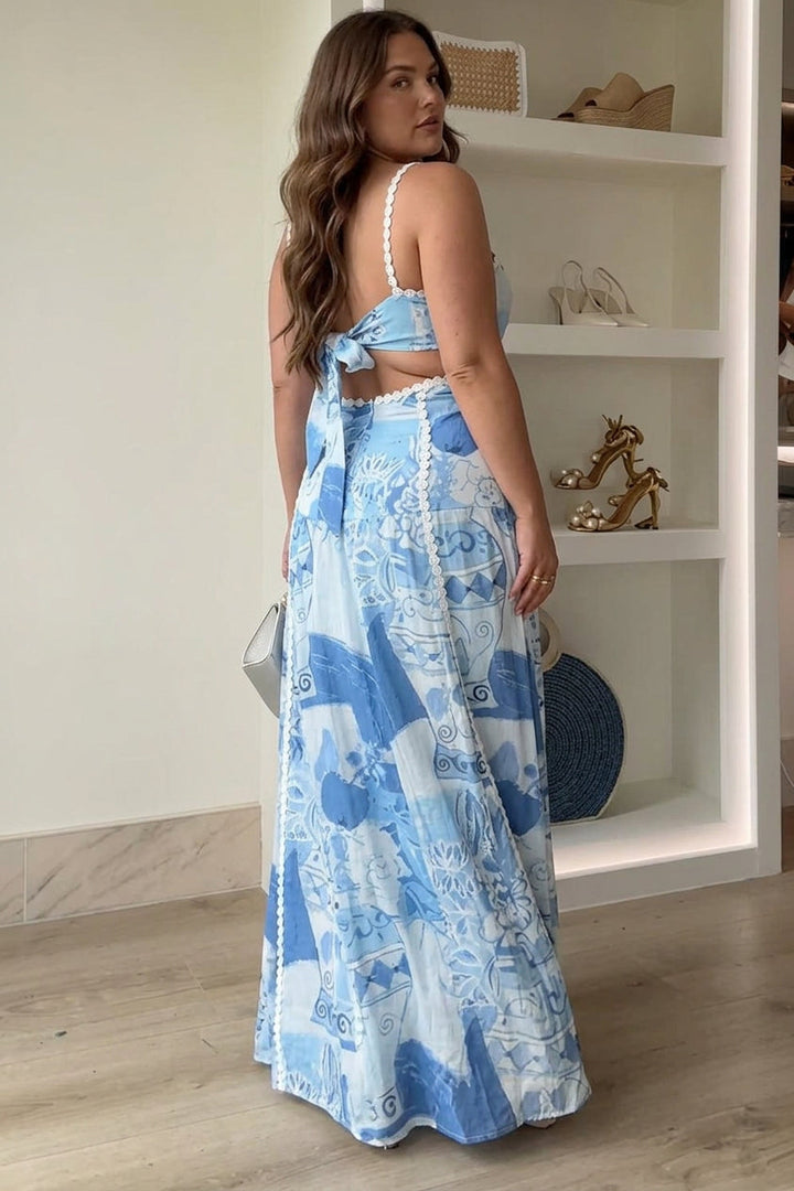 Mira | Ric Rac Strap Bow Back Gedrukt Maxi Jurk