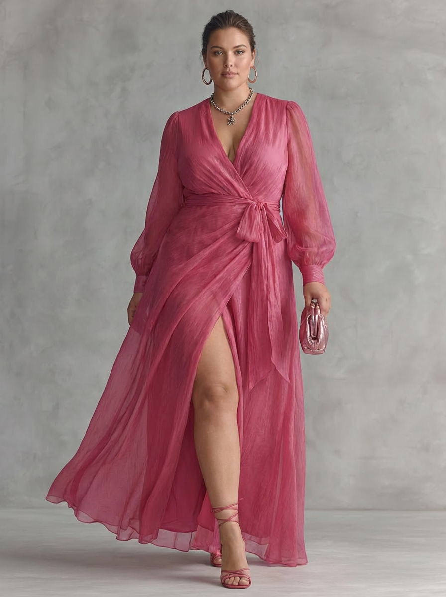 Elegante lange roze chiffon jurk met parels en V-hals voor dames