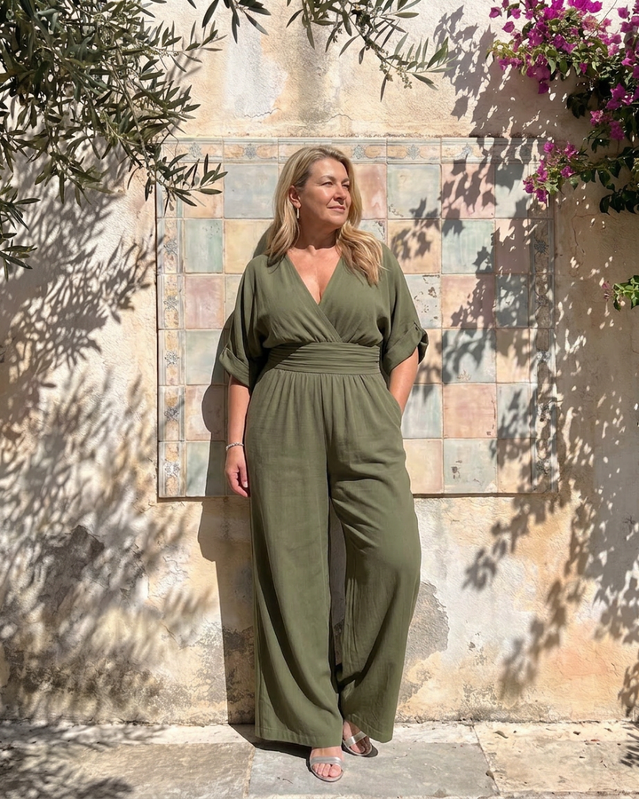Ottilie | Gedrapeerde V-hals Wijde Pijpen Ontspannen Jumpsuit