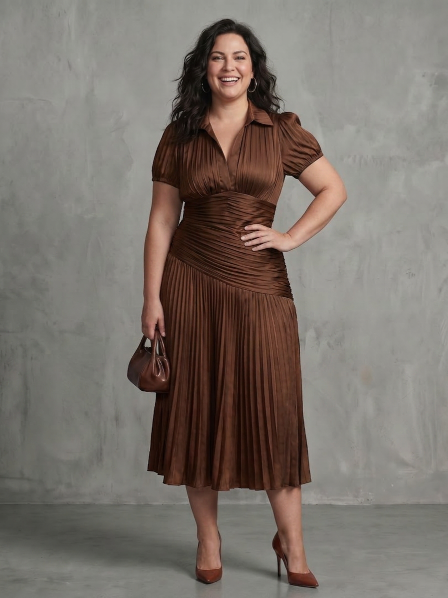 Vita | Plissé Taille Streep Midi Jurk