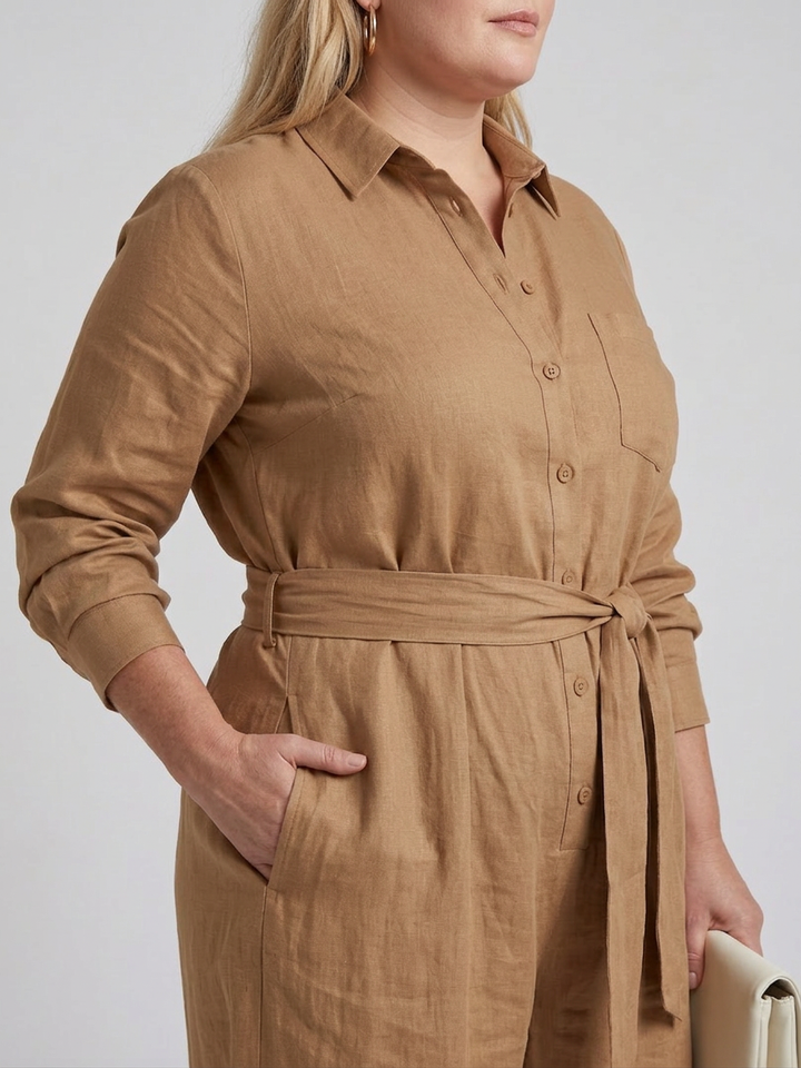 Bonnie | Lange Mouwen Knop Voorkant Wijde Pijpen Jumpsuit
