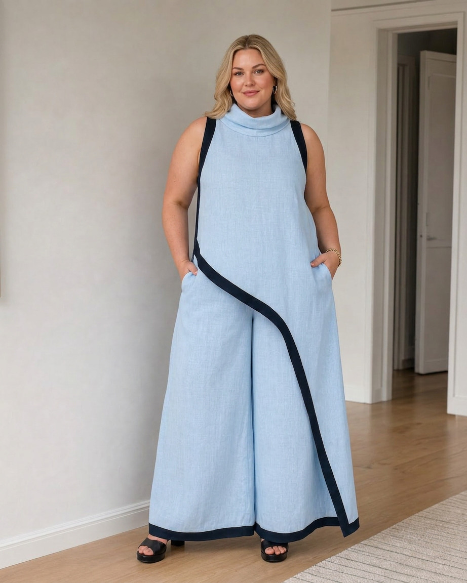 Genevieve | Mouwloze Gelaagde Top met Contrastafwerking en Brede Pantalon Set