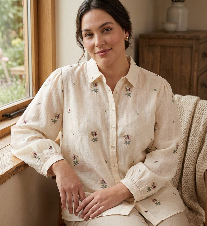 Rin - Katoenen Bloem Geborduurd Comfortabel Shirt