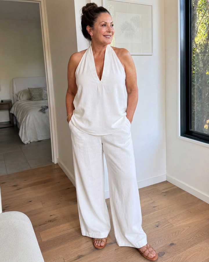 Opaline | Halter Neck Denim Top en Brede Pantalon Set
