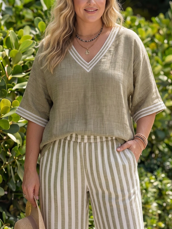 Anya | Contrast V-hals Tuniek Stripe Broek Set