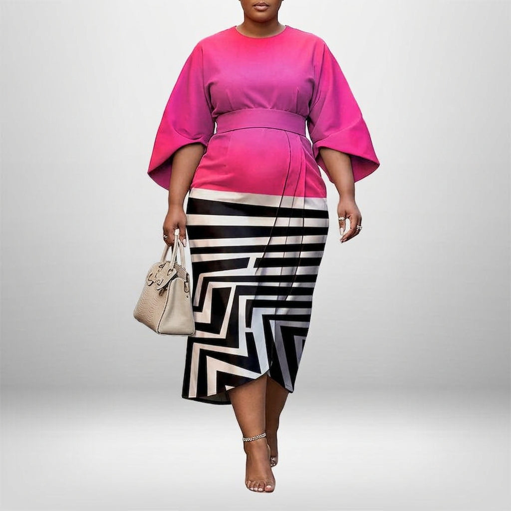 HELEDD | Dappere Contrast Midi met Gesculptceerde Taille en Grafische Elegantie