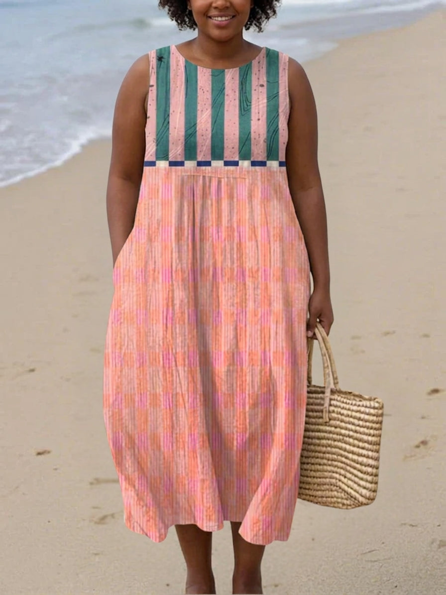 Vienne Gestreepte Pastel Midi Jurk