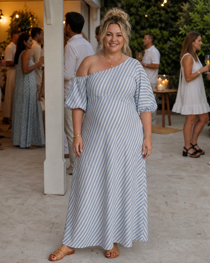 Seraphina | Gestreepte Off Shoulder Puff Sleeve Midi Jurk