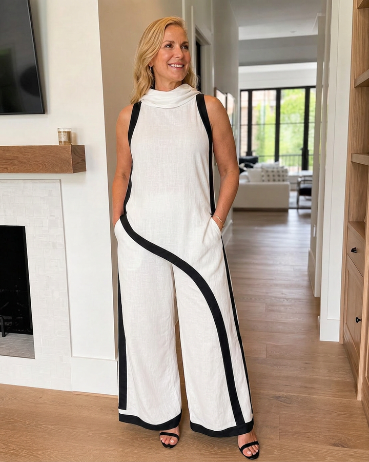 Genevieve | Mouwloze Gelaagde Top met Contrastafwerking en Brede Pantalon Set