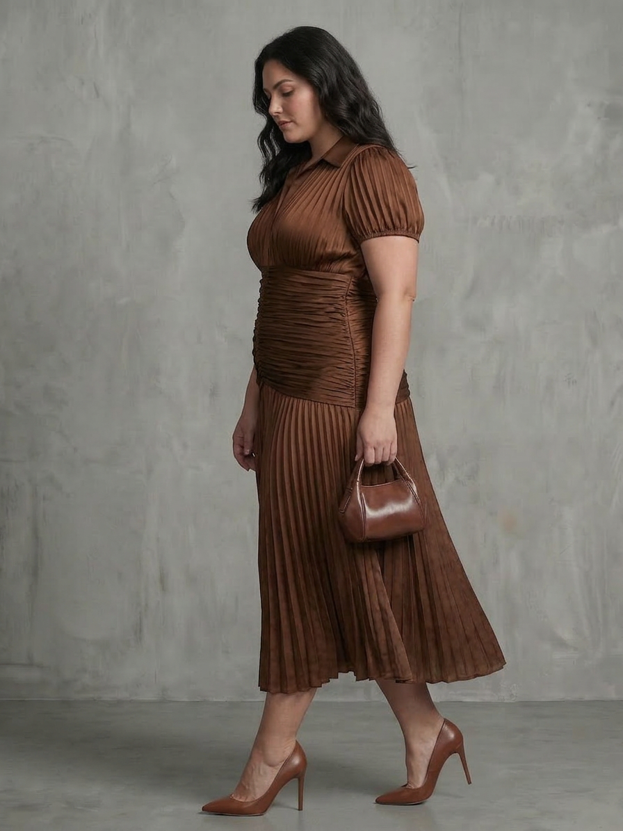 Vita | Plissé Taille Streep Midi Jurk