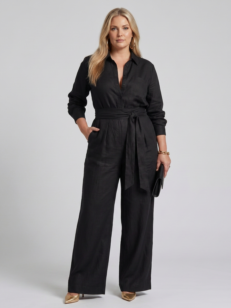 Bonnie | Lange Mouwen Knop Voorkant Wijde Pijpen Jumpsuit