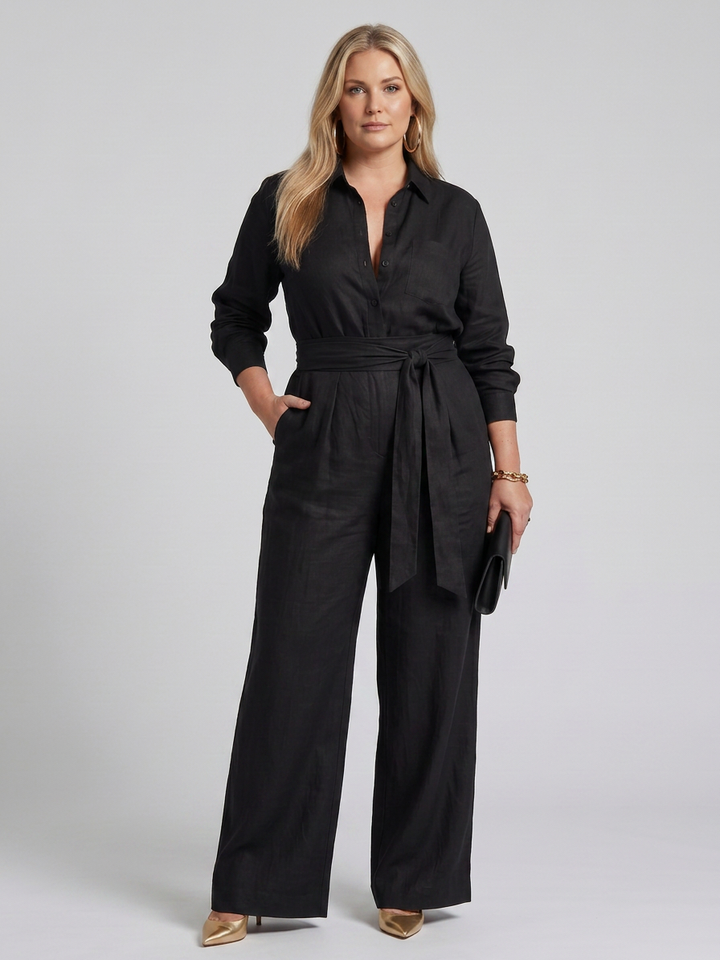 Bonnie | Lange Mouwen Knop Voorkant Wijde Pijpen Jumpsuit