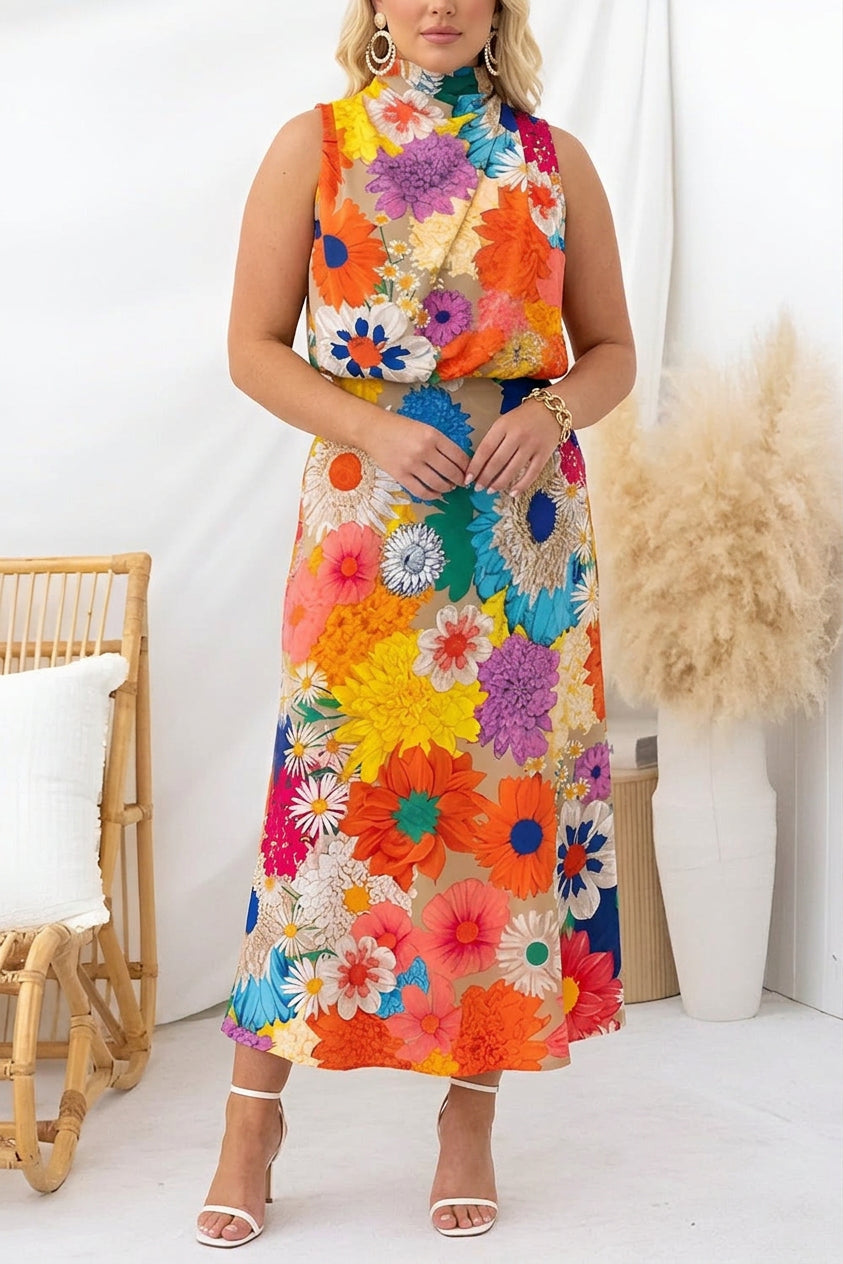 Zomer | Mouwloze Tie Neck Taille Maxi Jurk met Bloemenprint