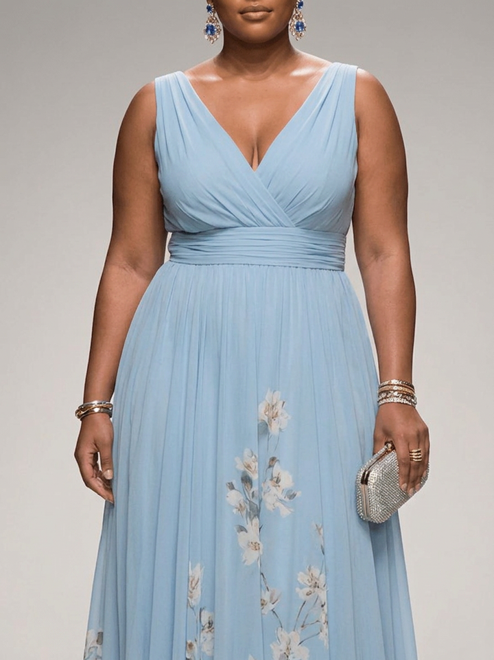 Salma | Lichtblauwe Bloemen Chiffon V-Hals Maxi Jurk