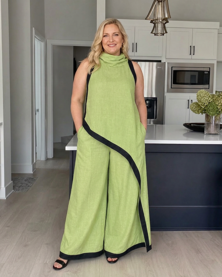Genevieve | Mouwloze Gelaagde Top met Contrastafwerking en Brede Pantalon Set