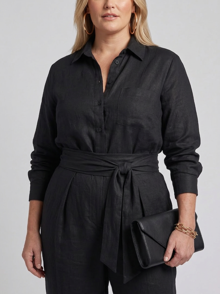 Bonnie | Lange Mouwen Knop Voorkant Wijde Pijpen Jumpsuit