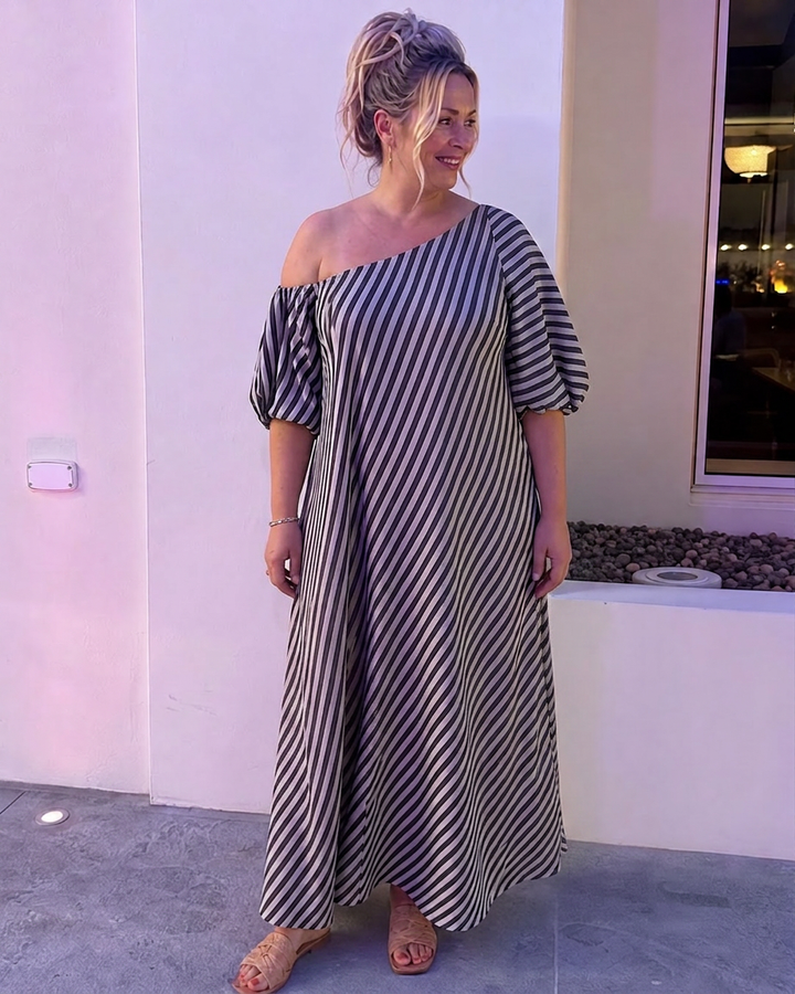 Seraphina | Gestreepte Off Shoulder Puff Sleeve Midi Jurk