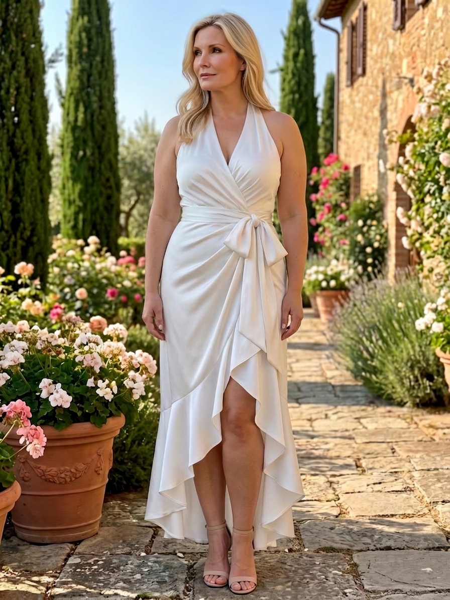 Amina | Halternek Wikkel Asymmetrische Zoom Midi Jurk