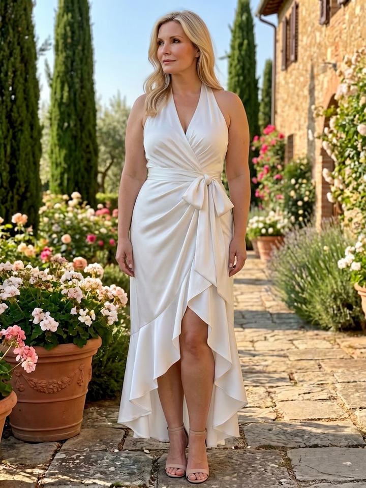 Amina | Halternek Wikkel Asymmetrische Zoom Midi Jurk