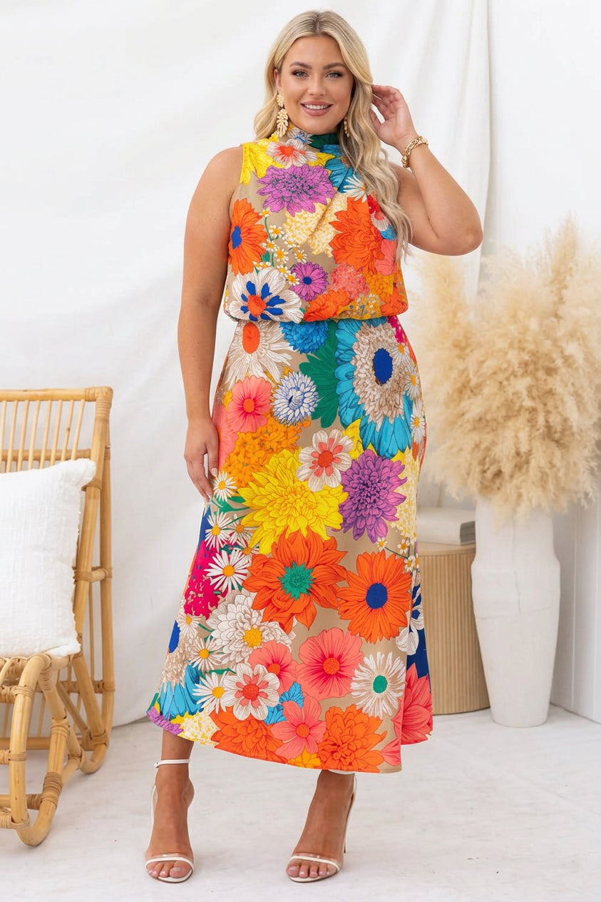 Zomer | Mouwloze Tie Neck Taille Maxi Jurk met Bloemenprint