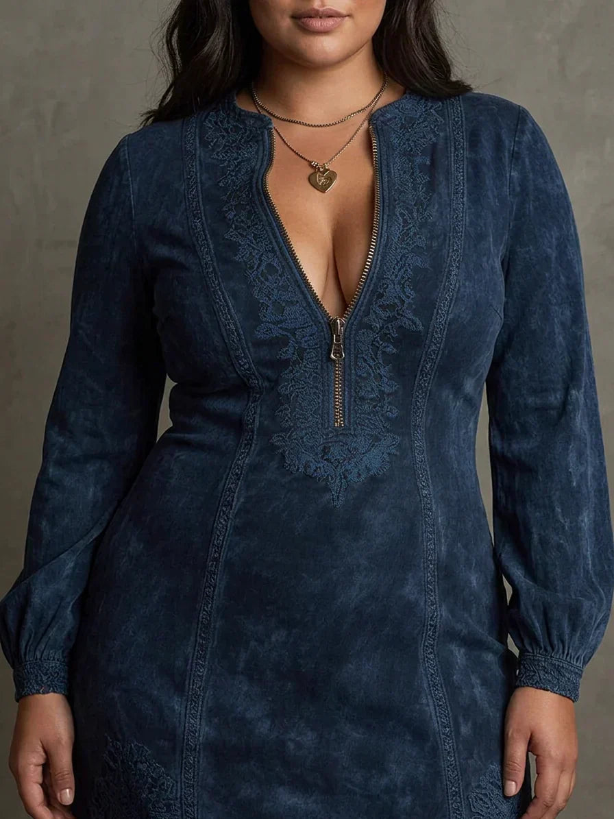 Layla – Blauw Suède Mini Jurk met Kant