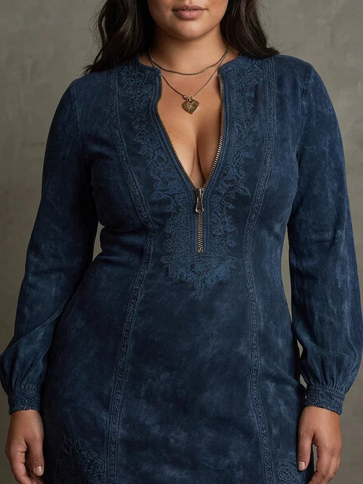 Layla – Blauw Suède Mini Jurk met Kant