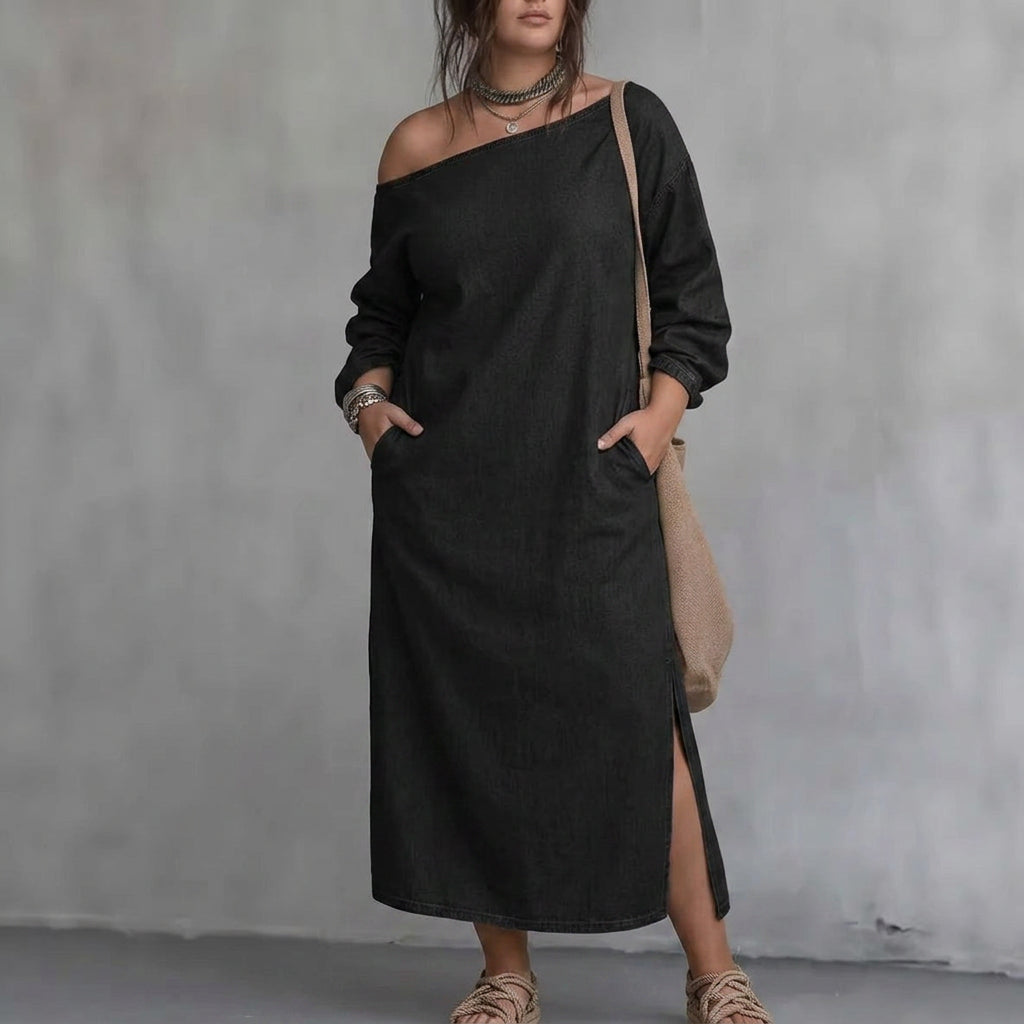 Kaia Off-Shoulder Split Jurk: Moderne Minimalistische Elegant