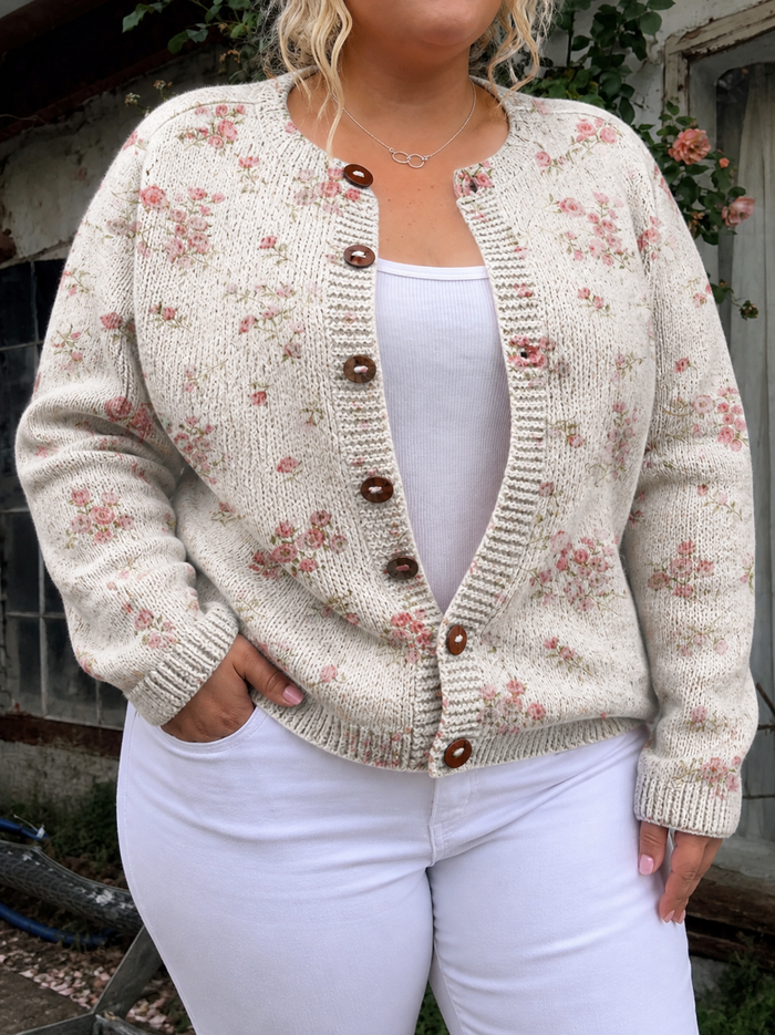 Dames Gebloemde Knit Cardigan met Knoopsluiting