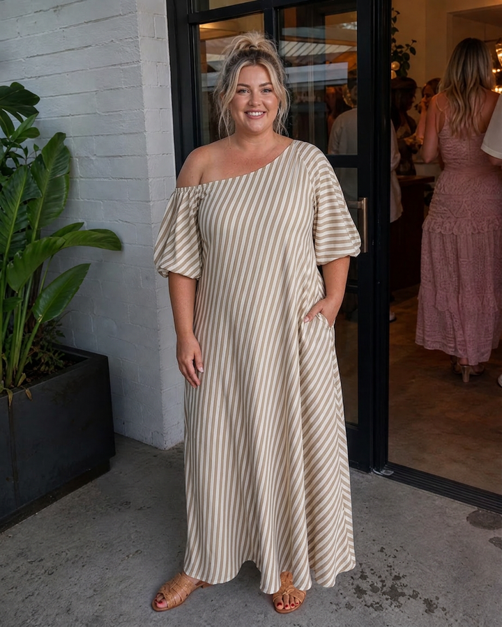 Seraphina | Gestreepte Off Shoulder Puff Sleeve Midi Jurk