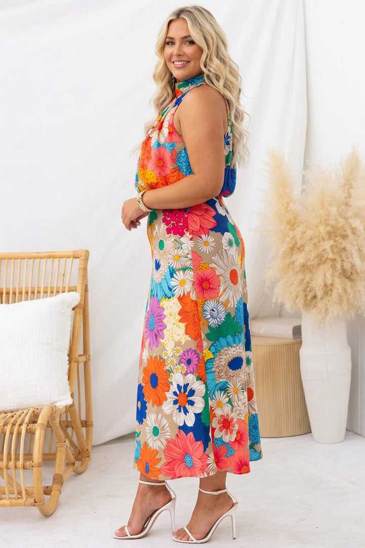 Zomer | Mouwloze Tie Neck Taille Maxi Jurk met Bloemenprint