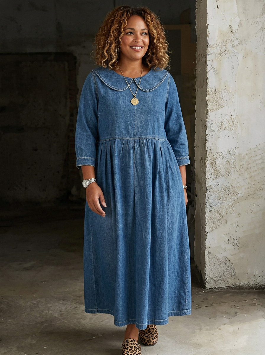 Camille | Peter Pan Kraag Denim Jurk
