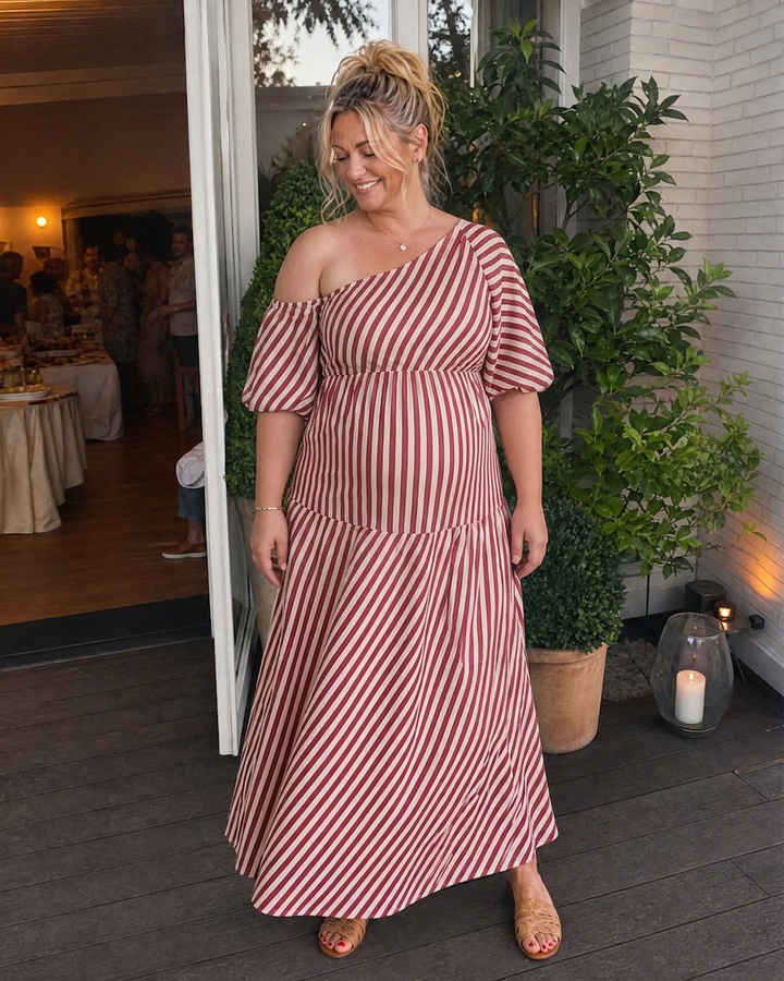 Seraphina | Gestreepte Off Shoulder Puff Sleeve Midi Jurk