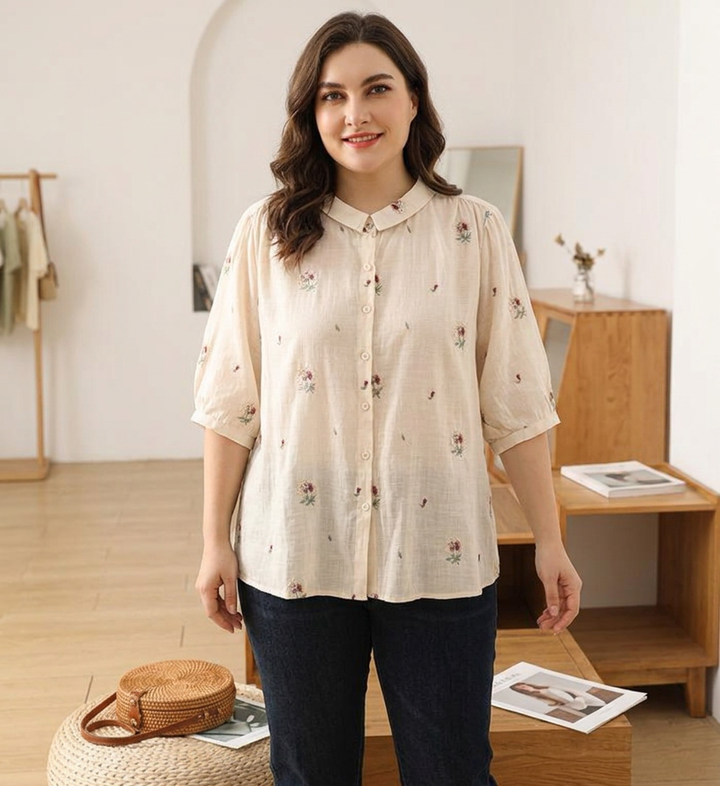 Rin - Katoenen Bloem Geborduurd Comfortabel Shirt